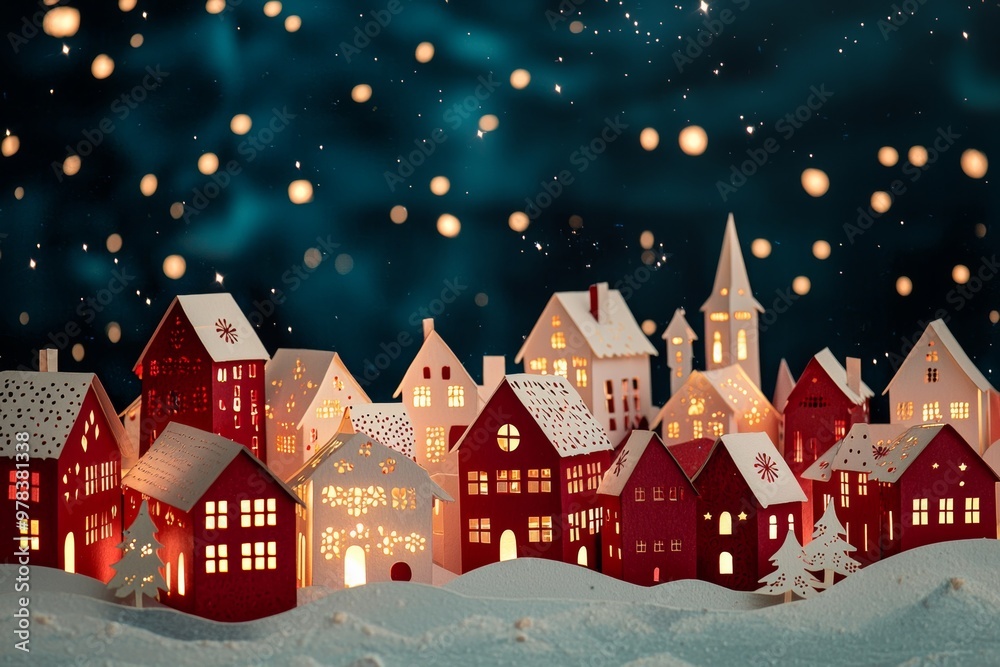 Fototapeta premium red and white paper cut Christmas village under a starry sky. of the holiday season.