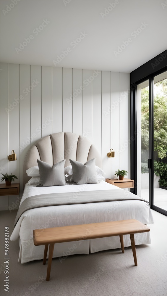 Fototapeta premium minimalist bedroom with a clean and serene aesthetic. The room features a large bed with a unique, curved headboard upholstered in a light, textured fabric