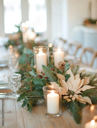 Elegant Scandinavian-Inspired Christmas Table with Lush Greenery and Candlelight