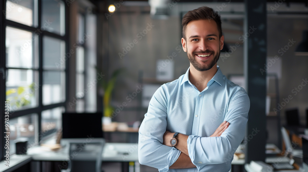 portrait of a happy businessman wearing light blue shirt standing in modern office looking at camera