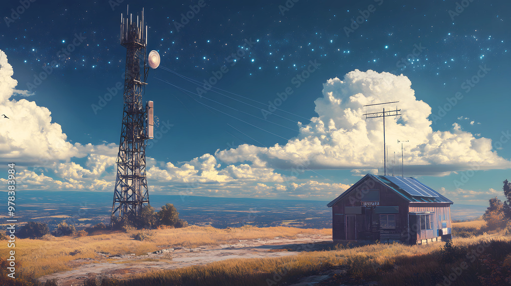Fake Base Station High Resolution Base station receiver on a tall tower, transmitting data to remote ...