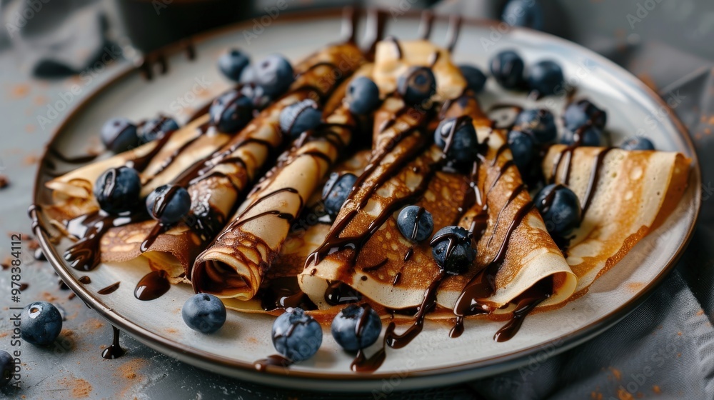 Golden Crepes Drizzled with Chocolate and Blueberries on Grey Background Golden Crepes Drizzled with Chocolate and Blueberries on Grey Background