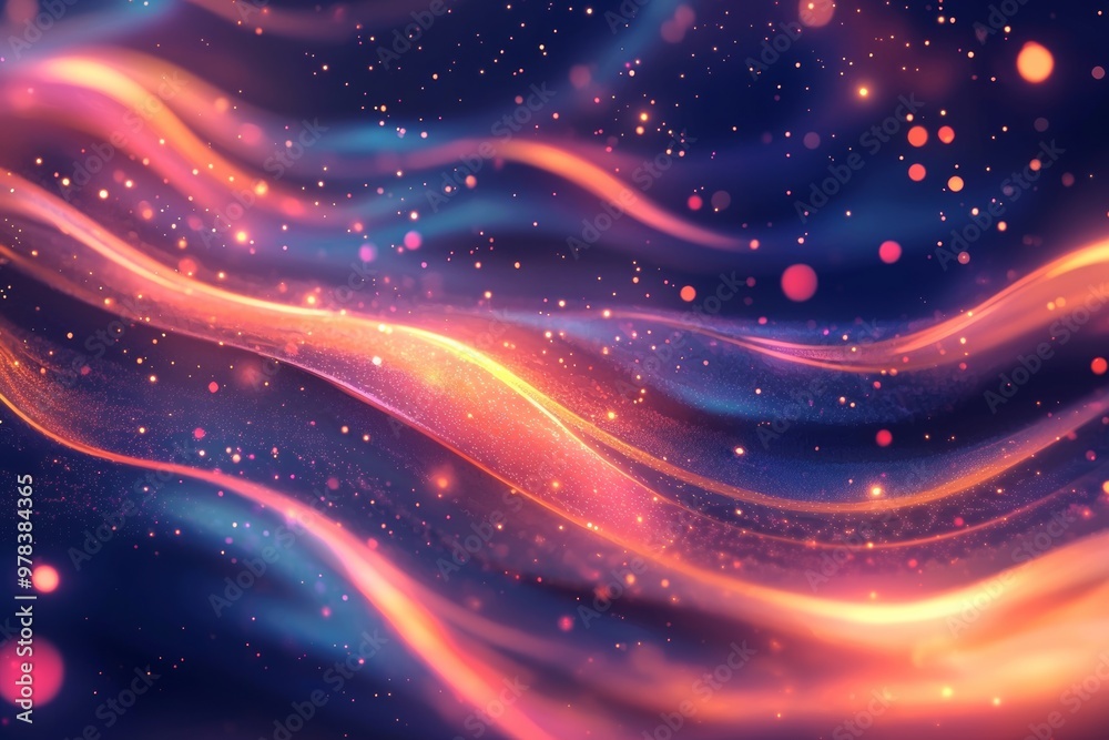 Luminous glowing streaks with sparkling light flares against a dark background. Luminous glowing streaks with sparkling light flares against a dark background.