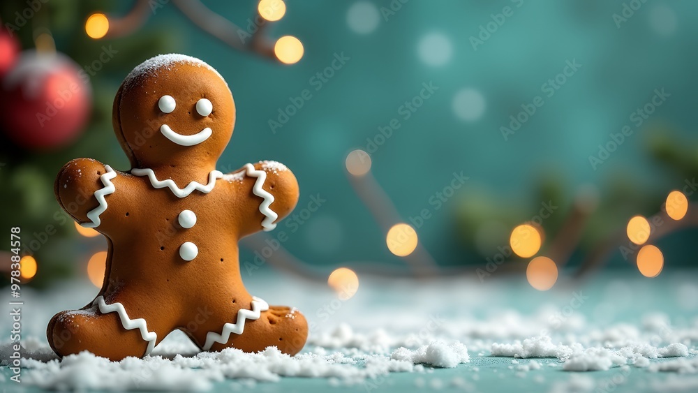 Festive gingerbread men in a snowy scene with blurred lights in the background Festive gingerbread men in a snowy scene with blurred lights in the background
