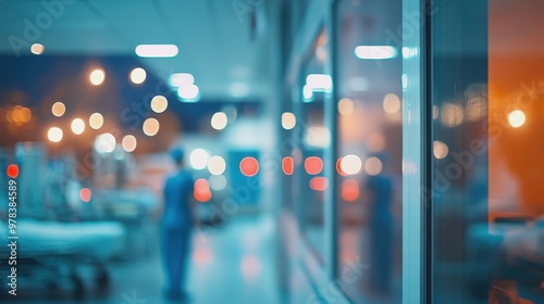 A blurred hospital corridor with soft lighting and a figure in scrubs in the background.