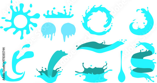 A set of liquid water or milk, either in drop or swirl form, used in flat graphic design.