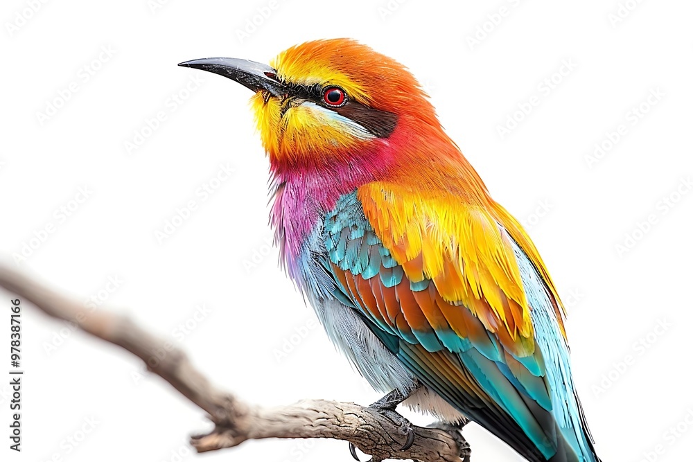 Obraz premium A vibrant, colorful bird perched on a branch against a white background.