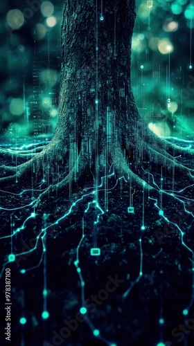 A mystical tree with glowing roots, symbolizing connectivity and growth in a digital age, featuring vibrant green hues and abstract patterns.