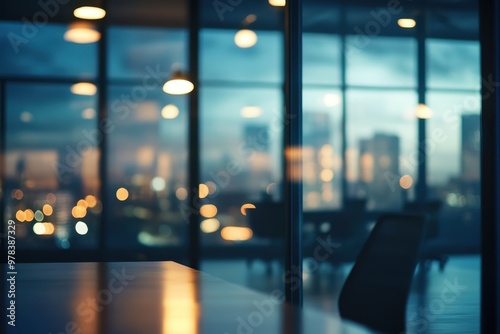 A blurred office interior with a city skyline view at dusk, featuring soft lighting.