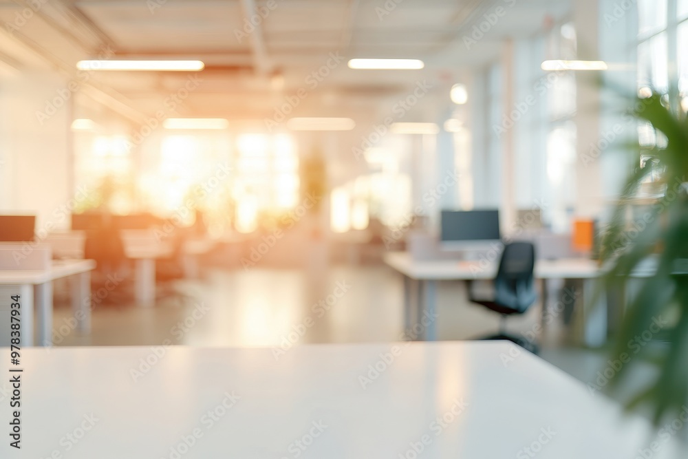 A blurred office space with natural light and modern furnishings.