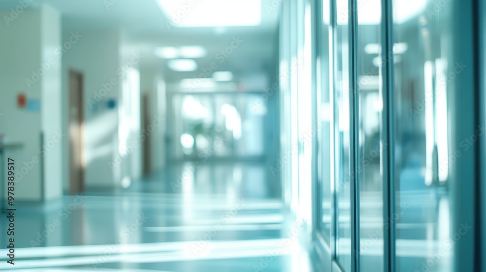 A blurred view of a hospital corridor with natural light streaming through large windows. A blurred view of a hospital corridor with natural light streaming through large windows.