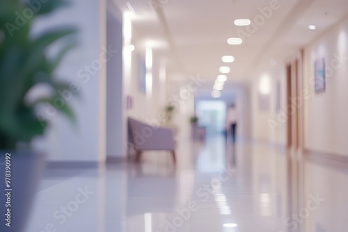 A blurred view of a modern hallway with soft lighting and a plant in the foreground.