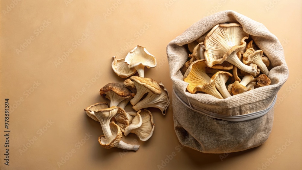 Dry oyster mushrooms in eco-friendly bags on beige background, oyster mushrooms, dry, eco-friendly, packaging, bags Dry oyster mushrooms in eco-friendly bags on beige background, oyster mushrooms, dry, eco-friendly, packaging, bags