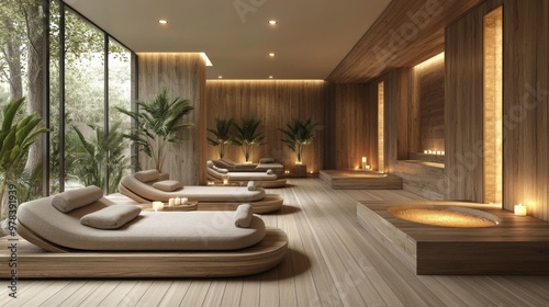 Luxury Spa Interior with Wooden Lounge Chairs Generative AI
