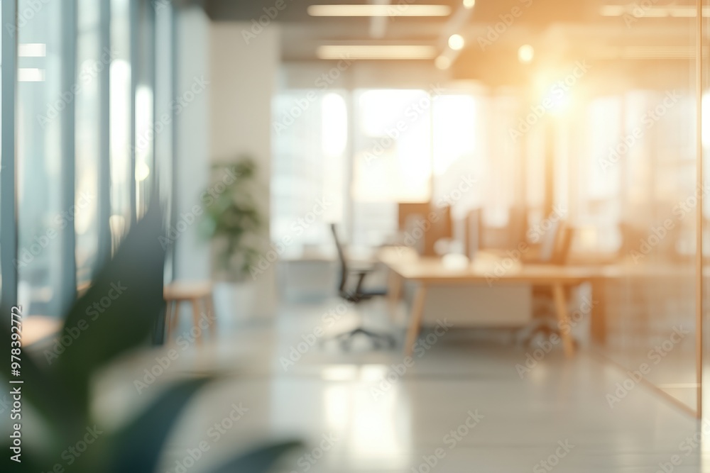 Fototapeta premium A blurred view of a modern office space with natural light and greenery.