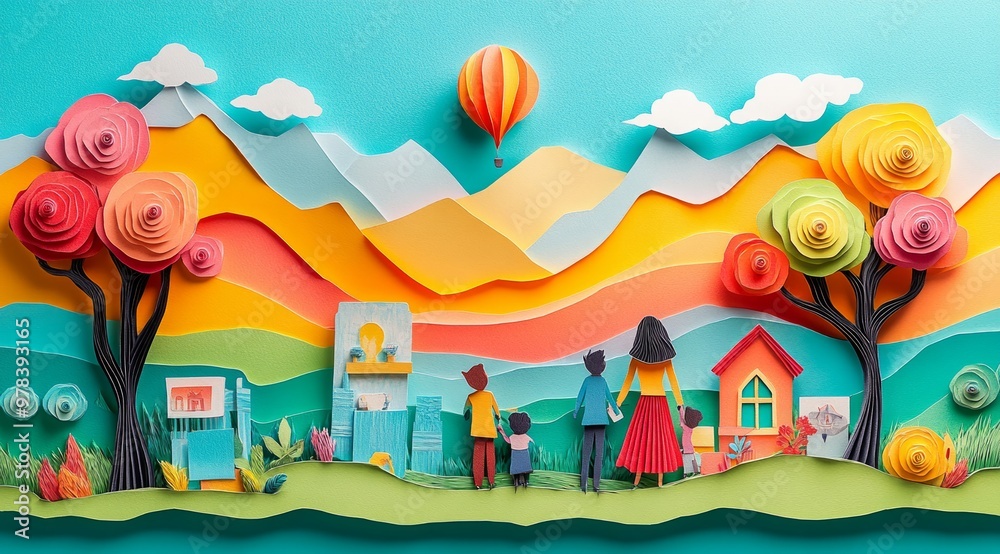 Colorful Paper Art Family Scene with Hot Air Balloon amidst Mountain Landscape Colorful Paper Art Family Scene with Hot Air Balloon amidst Mountain Landscape