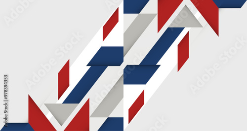 abstract composition featuring interwoven shapes in red, white, and blue, creating a dynamic visual effect