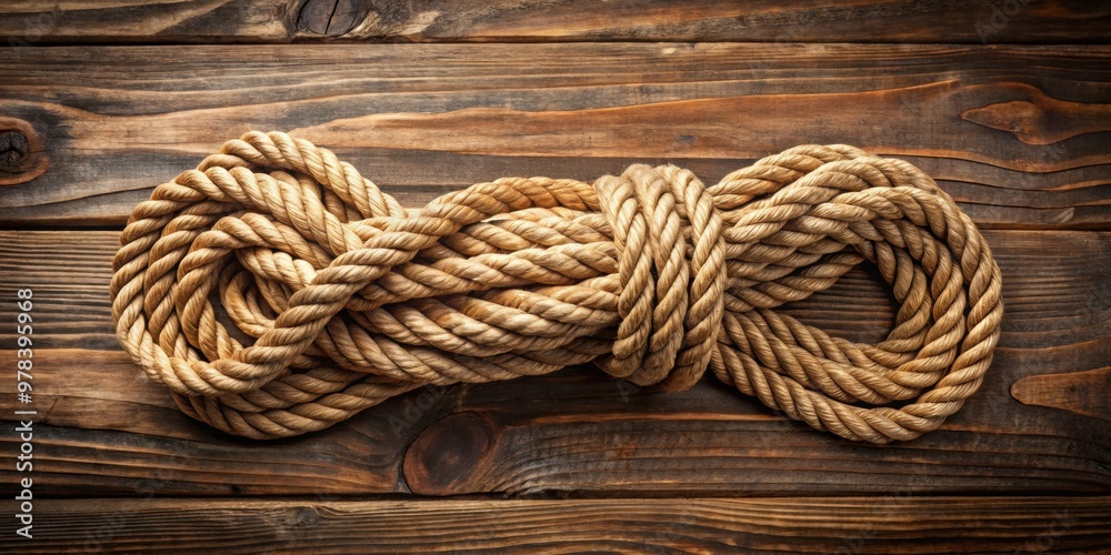 Obraz premium Knotted jute rope bundle on brown board, jute, rope, bundle, knotted, rough, texture, natural, material, board, close up, rustic