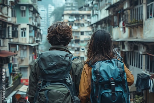 Two travelers with backpacks exploring a bustling urban area.