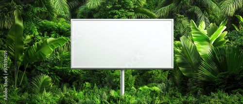 Blank white billboard set against a lush green jungle background, perfect for adding your own advertising message or promotional content. photo