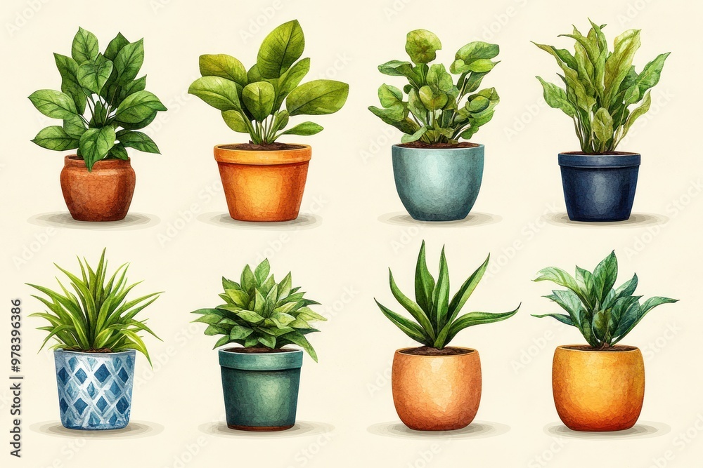Watercolor Illustration of Eight Potted Plants Watercolor Illustration of Eight Potted Plants