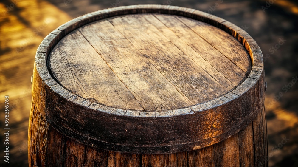 Fototapeta premium Wooden barrel texture background with rustic, aged wood details.