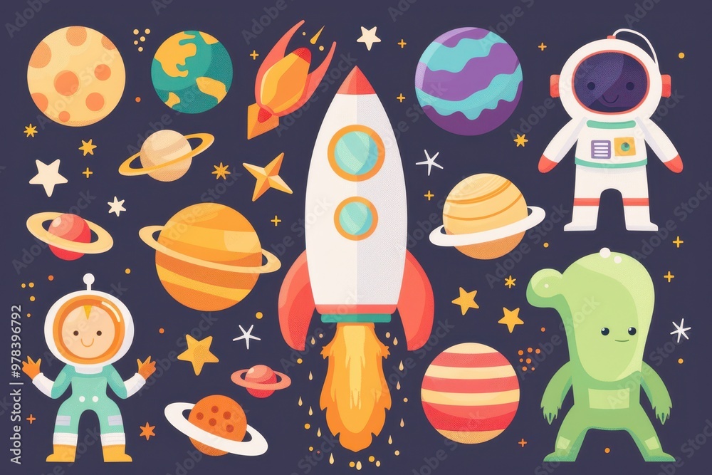 Whimsical Space Adventure, a playful scene featuring an astronaut and a cheerful green alien beside a colorful rocket, set against a vibrant cosmic backdrop filled with stars. Whimsical Space Adventure, a playful scene featuring an astronaut and a cheerful green alien beside a colorful rocket, set against a vibrant cosmic backdrop filled with stars.