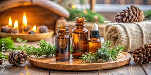 Bottles of cedar wood aromatherapy essential oil on a table in a cozy living room setting, cedar wood, aromatherapy
