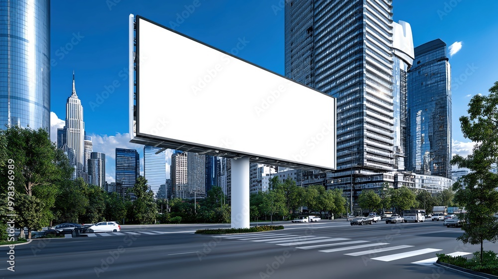 Empty urban billboard on a busy city street with a background of modern skyscrapers and clear blue sky. Empty urban billboard on a busy city street with a background of modern skyscrapers and clear blue sky.