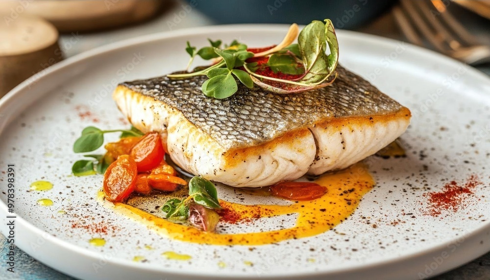 Grilled fish with herbs and tomatoes on a white plate. Grilled fish with herbs and tomatoes on a white plate.