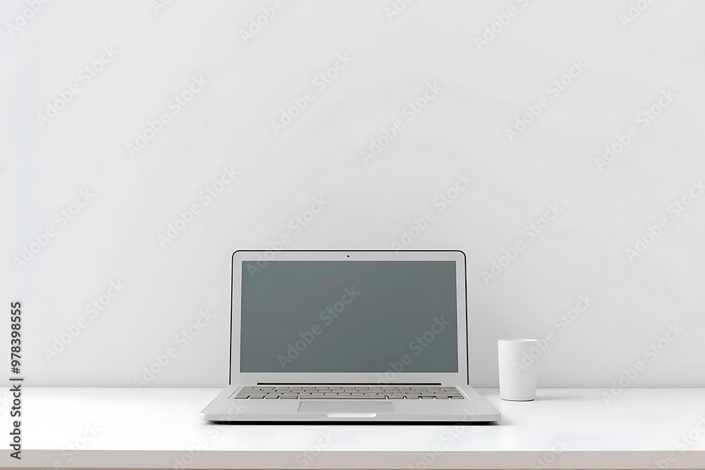 A minimalist workspace featuring a laptop and a cup on a clean surface. A minimalist workspace featuring a laptop and a cup on a clean surface.