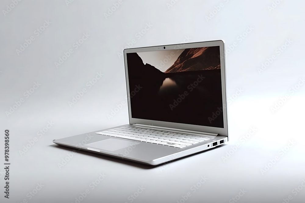 A sleek laptop with a minimalist design and a dark screen display. A sleek laptop with a minimalist design and a dark screen display.