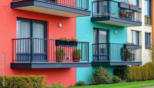 Modern apartment building with balconies and vibrant exterior colors