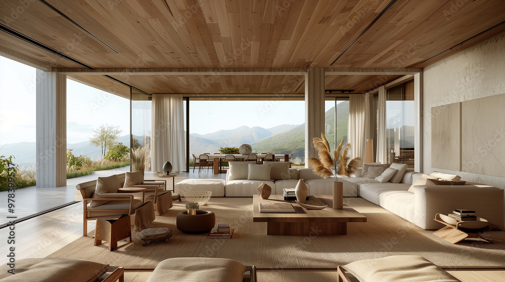 Obraz premium Open-plan living spaces with natural materials, earthy tones, and large windows that bring in abundant natural light and stunning views. South African Contemporary 