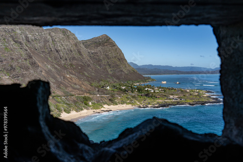 Makapuʻu Lookout, Oahu, Hawaii. A pillbox is a type of blockhouse, or concrete dug-in guard-post, often camouflaged photo