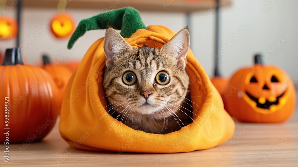 A playful cat peeks out from cozy pumpkin costume, surrounded by festive Halloween decorations. scene captures spirit of holiday with vibrant colors and cheerful atmosphere A playful cat peeks out from cozy pumpkin costume, surrounded by festive Halloween decorations. scene captures spirit of holiday with vibrant colors and cheerful atmosphere