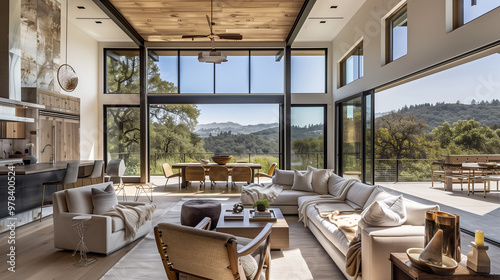 Open-plan living spaces with natural materials, earthy tones, and large windows that bring in abundant natural light and stunning views. South African Contemporary 