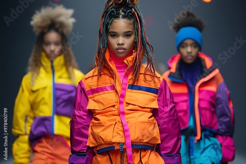 Fashion models showcase vibrant, colorful outerwear on a runway.