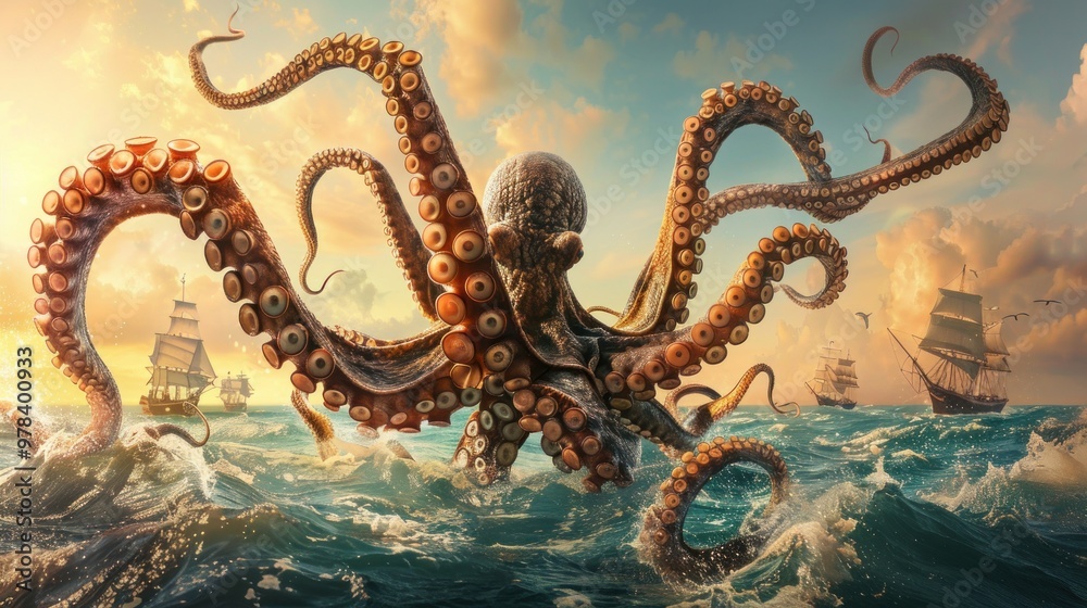 Obraz premium The mystical Kraken is illustrated with carefully spaced images