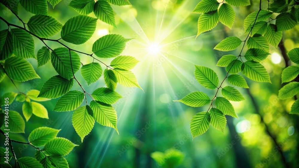Background of bright iridescent green leaves in a forest with sunlight filtering through , nature, vibrant, foliage Background of bright iridescent green leaves in a forest with sunlight filtering through , nature, vibrant, foliage