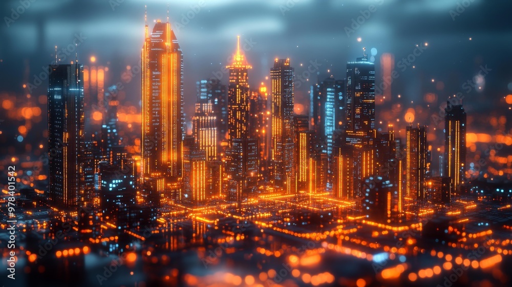 Futuristic Sci-Fi City Skyline with Orange Glowing Lights Generative AI Futuristic Sci-Fi City Skyline with Orange Glowing Lights Generative AI