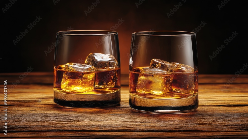 Glass of Scotch whiskey with ice cubes in a classic tumbler. Glass of Scotch whiskey with ice cubes in a classic tumbler.