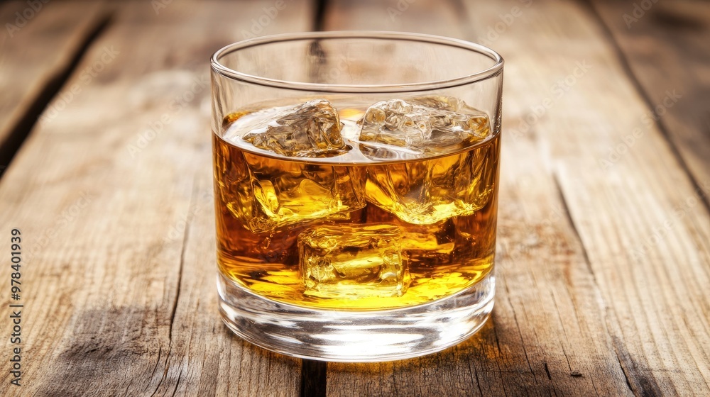 Glass of Scotch whiskey with ice cubes in a classic tumbler. Glass of Scotch whiskey with ice cubes in a classic tumbler.