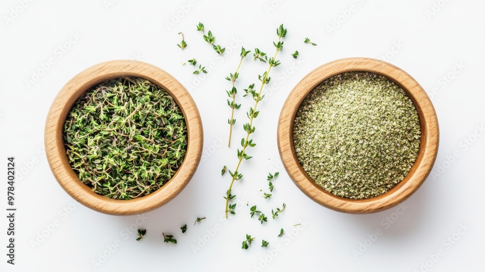 5. Close-up flat lay of fresh thyme and powdered thyme, both presented in charming wooden bowls, isolated on a bright white background 5. Close-up flat lay of fresh thyme and powdered thyme, both presented in charming wooden bowls, isolated on a bright white background
