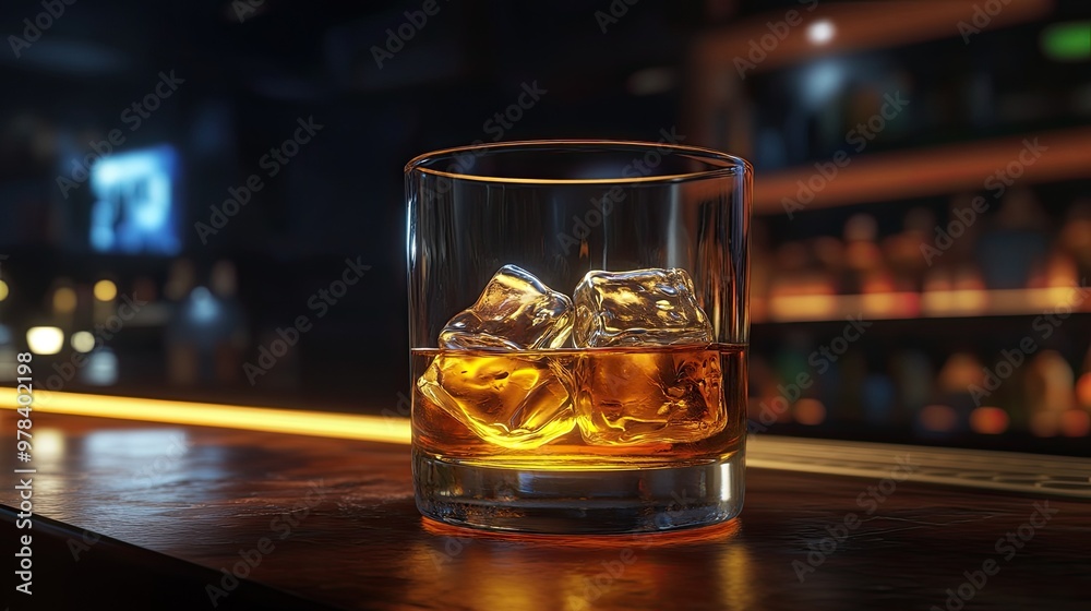 Glass of Scotch whiskey with ice cubes in a classic tumbler. Glass of Scotch whiskey with ice cubes in a classic tumbler.