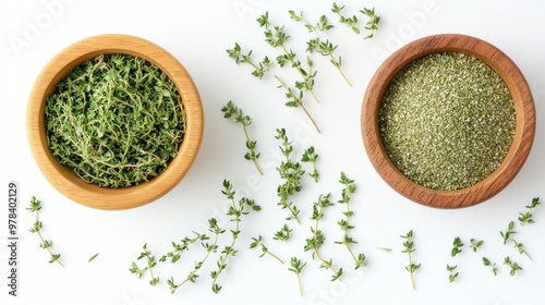 5. Close-up flat lay of fresh thyme and powdered thyme, both presented in charming wooden bowls, isolated on a bright white background