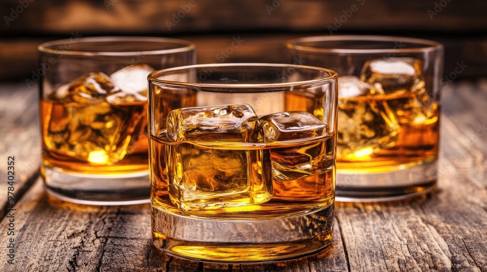 Glass of Scotch whiskey with ice cubes in a classic tumbler. Glass of Scotch whiskey with ice cubes in a classic tumbler.