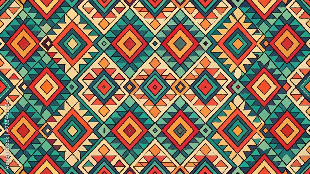 Retro color seamless pattern with abstract geometric art print and ethnic hipster ornamental lines backdrop, retro, color