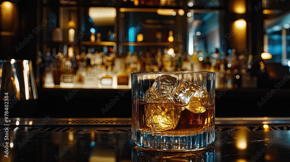 Glass of Scotch whiskey with ice cubes in a classic tumbler. Glass of Scotch whiskey with ice cubes in a classic tumbler.