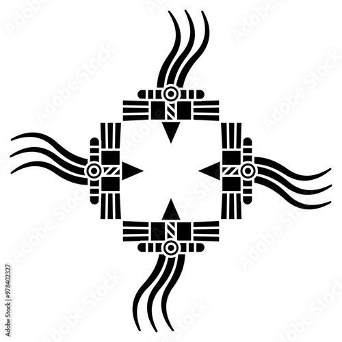 Geometrical abstract ornament with Native American motifs. Black and white silhouette.